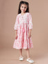 Girls Tiered Floral Print Tie-Up Neck A-Line Midi Cotton Dress